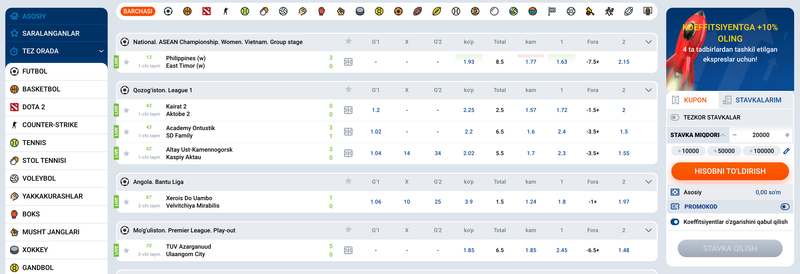 Mostbet UZ sport tikishlari, voqealar tanlovi